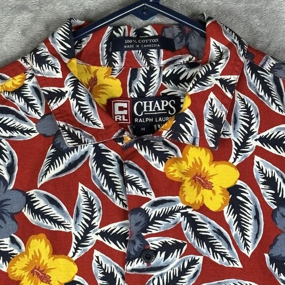 Chaps Ralph Lauren Hawaiian Shirt Mens Medium Red Yellow Floral Short Sleeve vtg - Picture 1 of 12